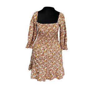 Sim & Sam Taupe Ditsy Floral Smocked Square Neck Long Sleeve Dress S
